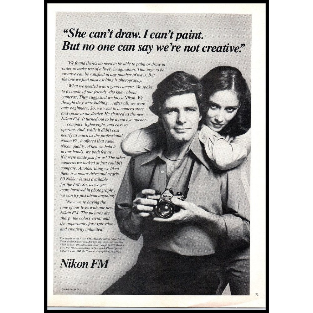 1978 Nikon FM SLR Camera Vintage Print Ad Film Photography Wall Art Photo 70s